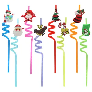 Pajitas en Espiral PET Reutilizables de Navidad Con Decoraciones de Silicona Papá Noel Muñeco de Nieve para Fiesta Regalo