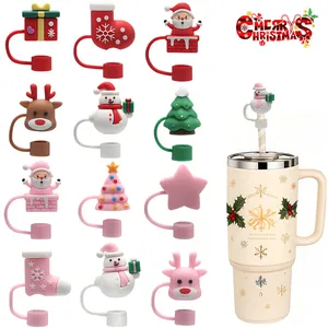 Fundas de Silicona para Pajitas de Navidad a Prueba de Polvo Reno Papá Noel Muñeco de Nieve Árbol Patrón Tapas para Pajitas para Decoración de Fiestas y Hogar Accesorios Universales de Silicona