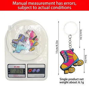 Colorful PVC roller skate keychain with clear size and weight measurements displayed