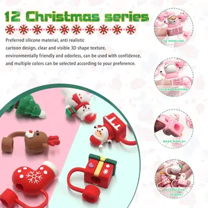 Cubiertas de silicona para pajitas de Navidad de 10mm con lindos dibujos animados 3D