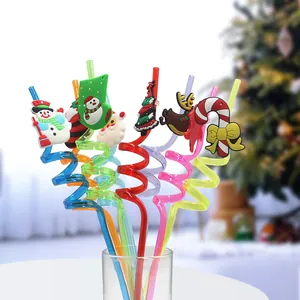 Pajitas en espiral navideñas reutilizables de PET con adornos festivos de silicona