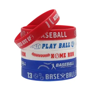 Softball and baseball themed silicone wristbands in red, white, and blue colors