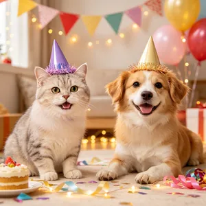 Close-up of a cat and a dog wearing mini glittery birthday party hats with tassels