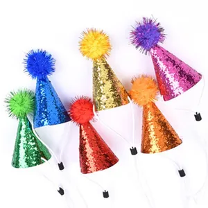 Assorted colorful sequin pet birthday hats featuring adjustable elastic straps and pom-poms