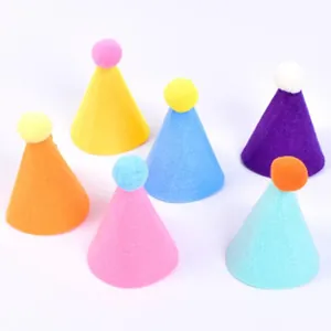 Colorful mini felt party hats with pom-poms for dogs, cats and small pets' birthdays.