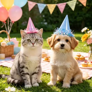 Close-up of colorful mini pet birthday hats with tinsel trim on a kitten and puppy