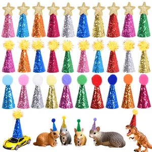 Detailed view of colorful mini glitter pet birthday hats with adjustable chin straps