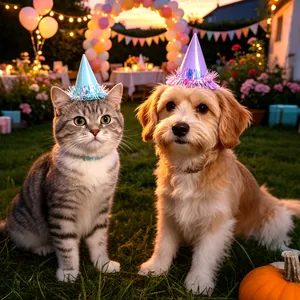Mini glittery pet party hats with tinsel fringe on a cat and dog in a garden setting
