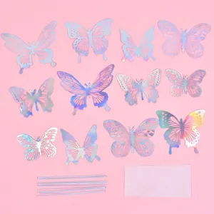 Iridescent butterfly cake topper set with mounting sticks and glue dots for parties