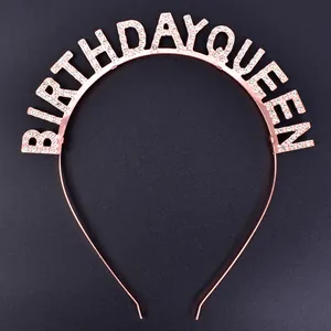 Elegant rose gold BIRTHDAY QUEEN headband with sparkling rhinestones for birthday party decoration.