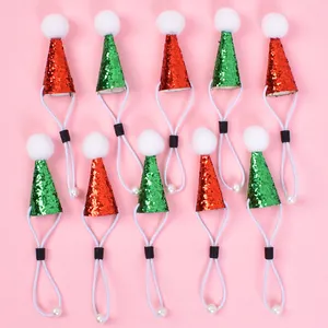 Christmas Mini Pet Hats For Hamster Lizard Reptile Shiny Sequin Festival Party Decor Hat With Adjustable Strap Pom Pom