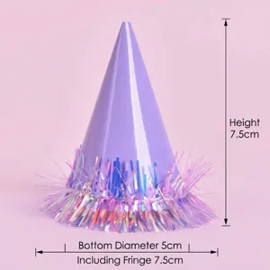 Misure dettagliate del mini cappello da festa viola per animali con frange