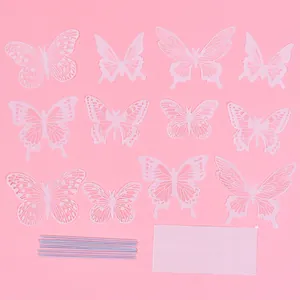 Detailed view of 12pcs iridescent pink butterfly cake toppers with wire supports and adhesive.
