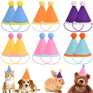 Mini colorful pet birthday hats with adjustable straps for cats, dogs, and rabbits