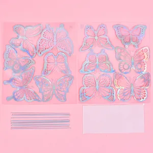 Set of 12 iridescent laser-cut butterfly cake toppers with sticks and glue dots