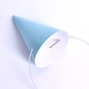 Detailed view of mini light blue pet birthday hat with white elastic strap