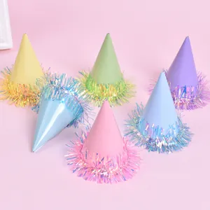 Assorted pastel color mini pet birthday hats with iridescent tinsel fringe decorations