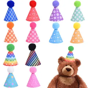 Variety pack of colorful mini party hats with pom-poms for pets and doll decorations
