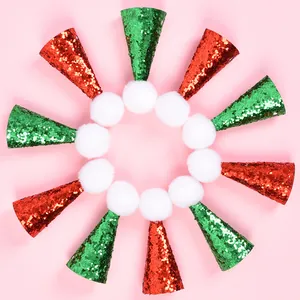 Detailed view of 10 mini glitter Christmas hats for small pets in red and green