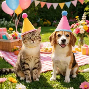 Nahaufnahme von Katze und Hund mit bunten Filz-Partyhüten bei einem Gartenpicknick