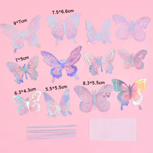 Details of 12pcs holographic butterfly cake toppers with various sizes and accessories.