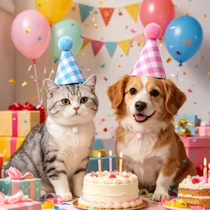 Detalle de gorros de cumpleaños ajustables a cuadros para gatos y perros de fiesta