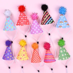 Set of 10 colorful patterned pet birthday hats with adjustable straps for cats and dogs