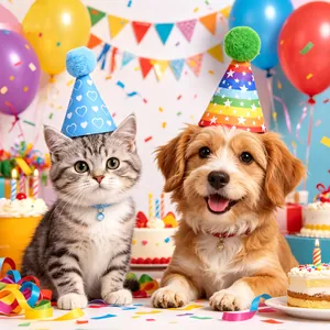 Adorable cat and dog wearing festive colorful birthday party cone hats with pom-poms