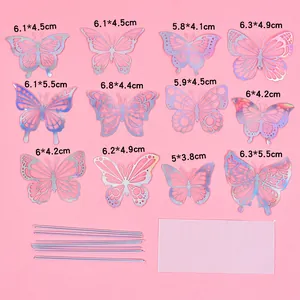 Detailed view of 12 iridescent butterfly cake toppers with specific sizes and accessories