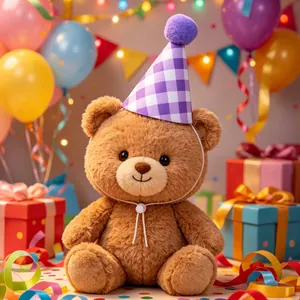 Detalle de un gorro de fiesta para mascotas a cuadros morados con pompón.
