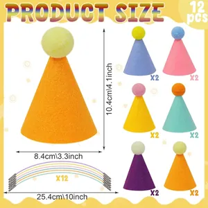 Detailed size chart for 12pcs colorful pet party hats with dimensions for hats and bands