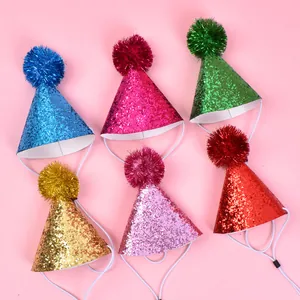 Set of glittery pet party hats in 6 colors with adjustable chin straps for cats and dogs.