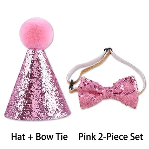 Two-piece set with a pink sequined birthday hat and matching bow tie for small pets