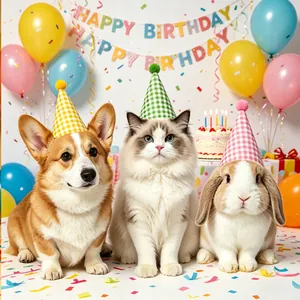 Corgi chat et lapin portant des chapeaux d'anniversaire pour animaux à carreaux
