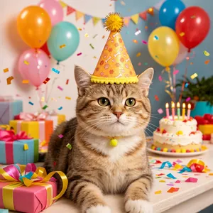 Vue détaillée d'un chapeau d'anniversaire jaune brillant pour animal avec empreintes