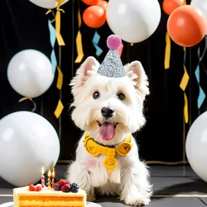Cute white dog wearing a silver glitter pet birthday hat with a pink pom-pom decoration