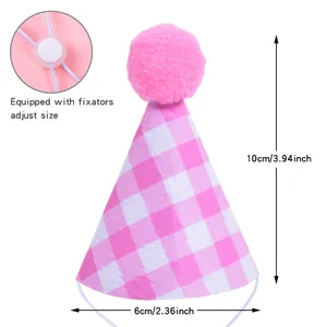 Gorro de cumpleaños para mascotas a cuadros rosas con correa ajustable y 10cm.