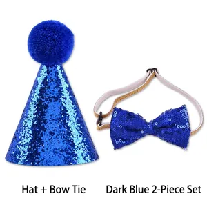 Royal blue sequined pet party hat and matching adjustable bow tie 2-piece set for dogs and cats