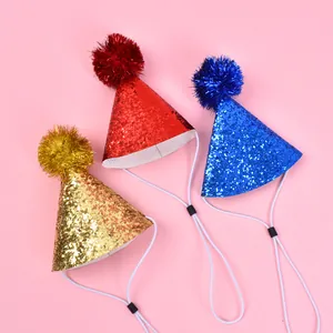 Set of three glittery pet party hats in gold, red, and blue with adjustable chin straps