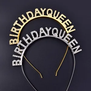 Set of two Birthday Queen rhinestone headbands in gold and silver finishes for party decor