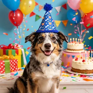 Chapeau d'anniversaire bleu festif pour animaux avec motifs pattes et os pour chiens.
