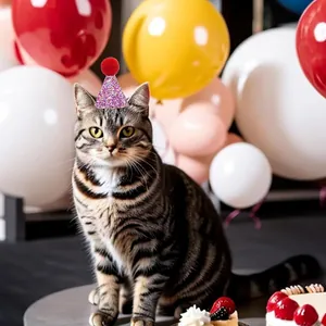 Detailed view of pink glitter pet party hat with red pom-pom worn by a tabby cat