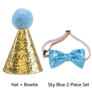 Pet birthday party set featuring a sparkling gold hat and light blue sequined bowtie