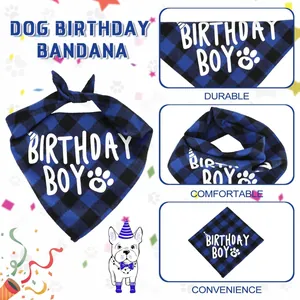 Blue plaid dog birthday bandana set featuring 'Birthday Boy' print and festive details