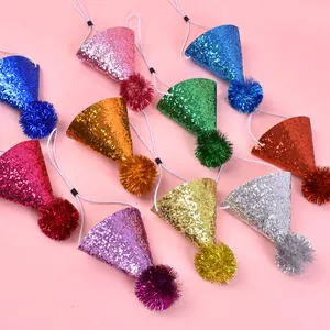 Assortment of colorful glitter pet birthday hats with adjustable straps for dogs and cats