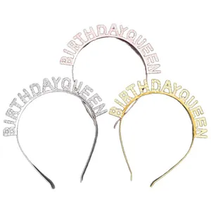 Set of 3 rhinestone Birthday Queen headbands in gold, silver, and rose gold finishes.