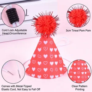 Detail view of red heart pet birthday hat with adjustable cord and tinsel pom-pom