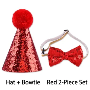 Detailed view of red sequined pet birthday cone hat and matching bow tie set for dogs