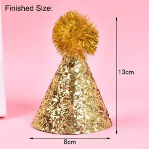 Detail view of gold sequined pet birthday hat with dimensions: 13cm height and 8cm width