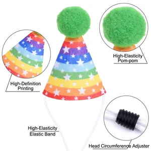 Detailed view of rainbow pet birthday hat with star prints and adjustable chin strap